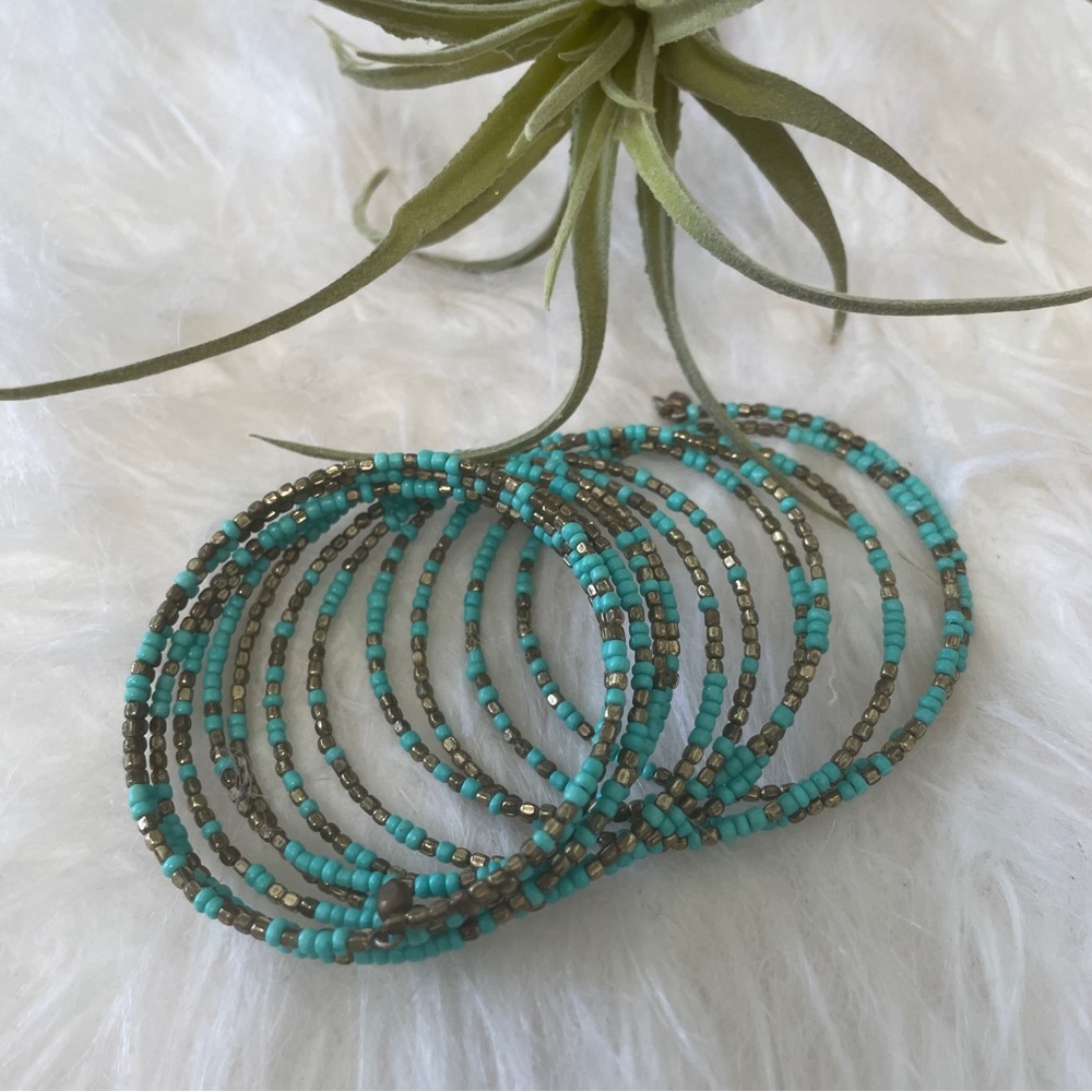 Turquoise Beaded Memory Wire Coil Bracelet